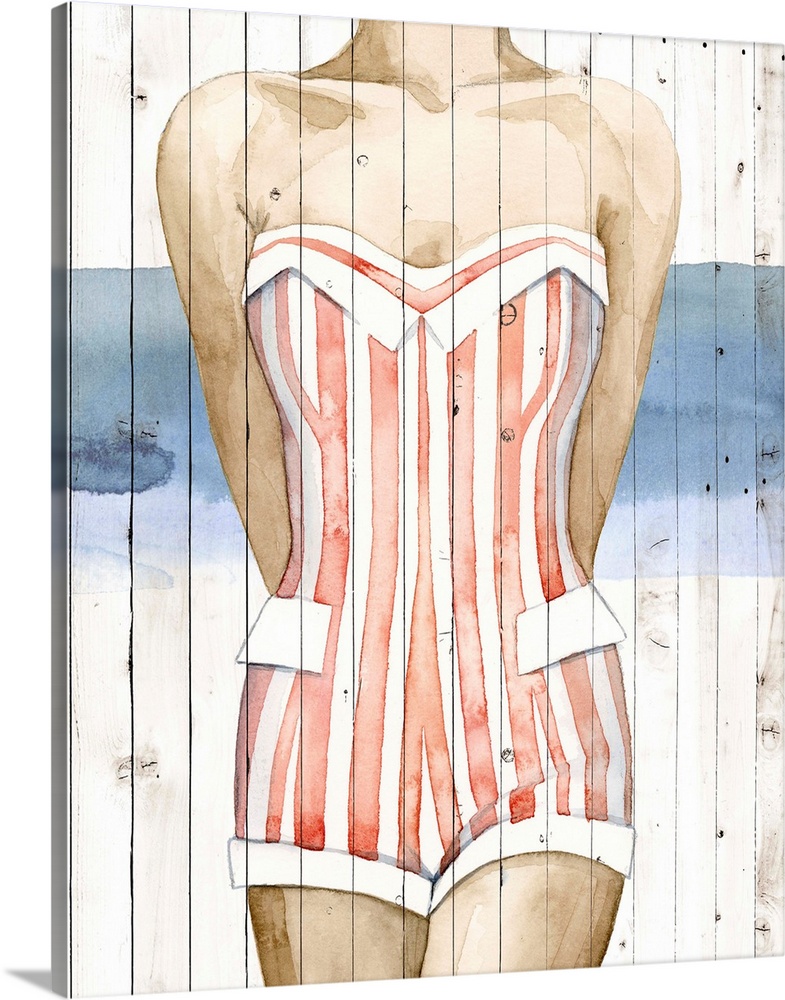 Mid-height portrait of a woman wearing a vintage bathing suit on a board background.
