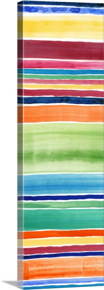 Abstract art print of horizontal stripes in tropical rainbow colors.