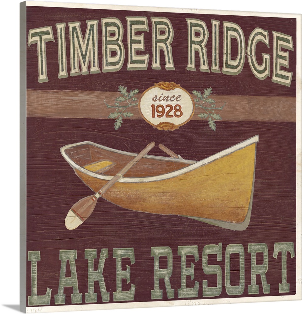 Decorative sign for a cabin or lodge that reads "Timber Ridge Lake Resort."