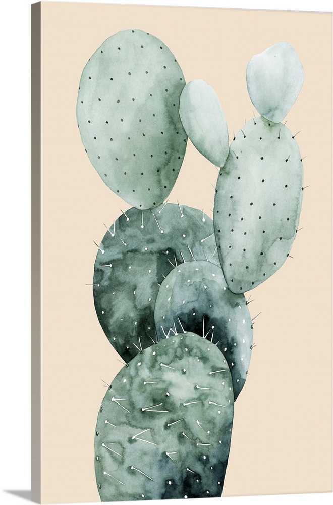 Watercolor painting of a cactus on a pale coral background.