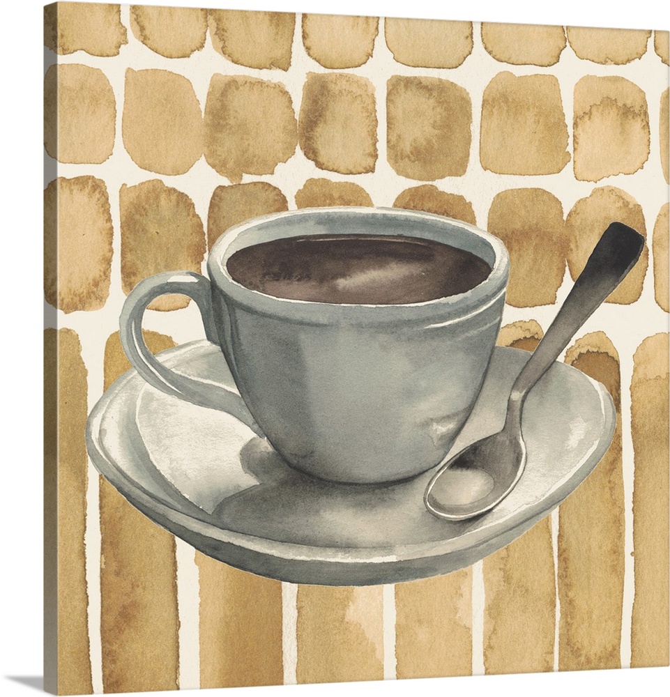 Watercolor artwork of a cup of coffee and a spoon sitting on a saucer.
