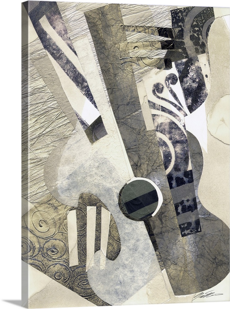 Contemporary collage of a guitar in a cubist style.