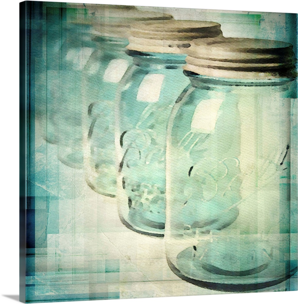 Artistic photograph of a row of glass mason jars.