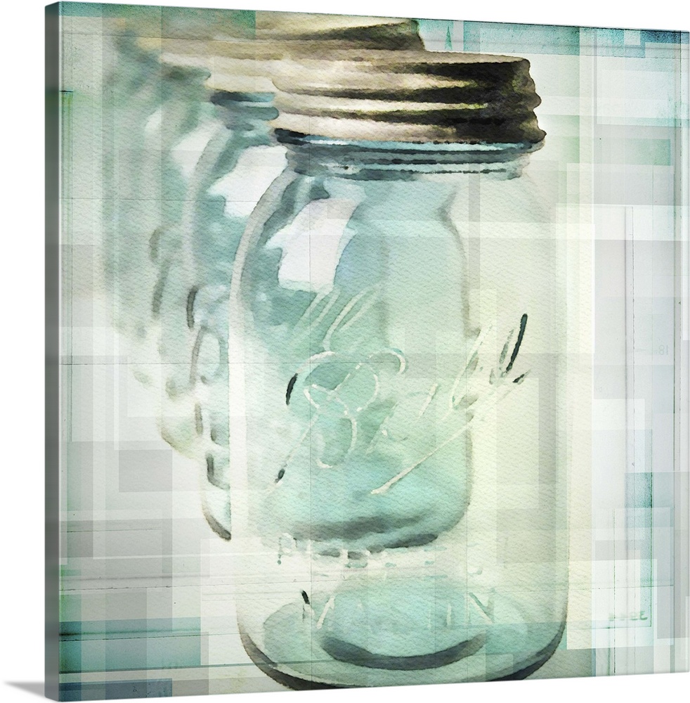 Artistic photograph of a row of glass mason jars.