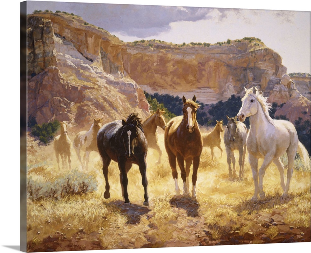 Contemporary colorful painting of a herd of horses running through a desert landscape.