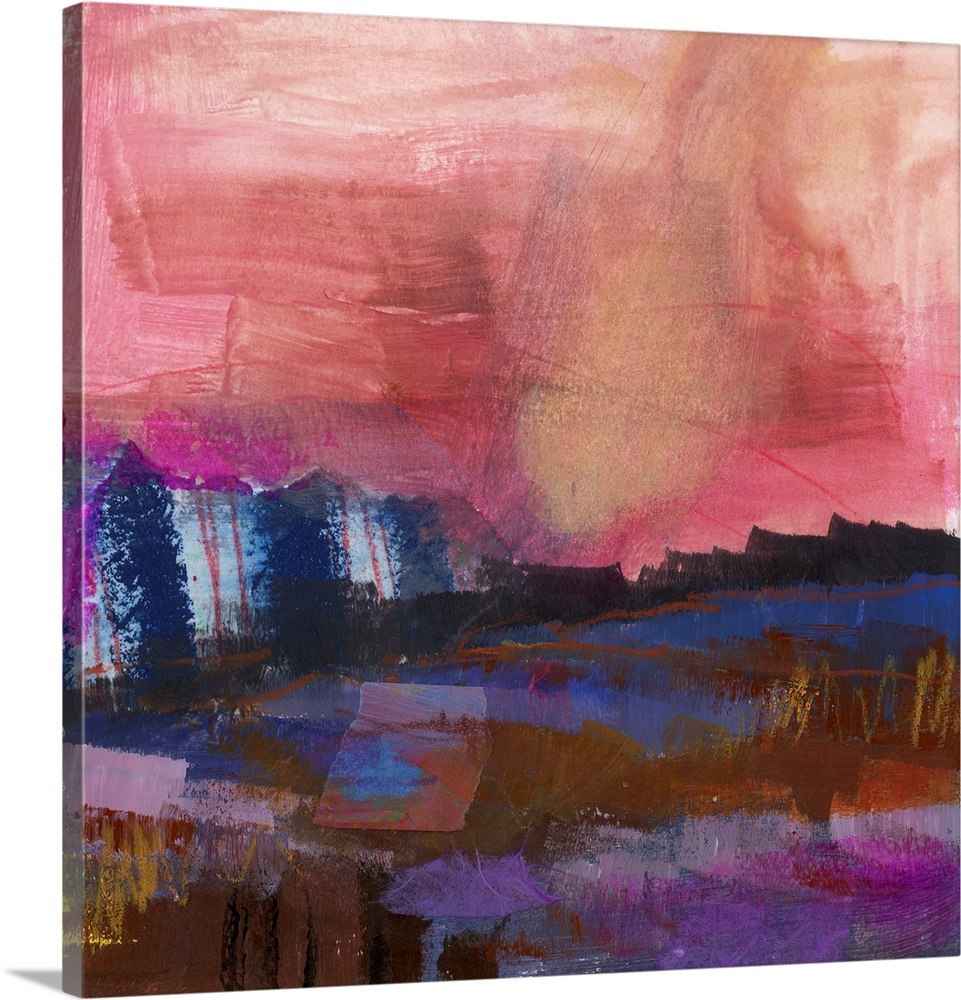 A bright, bold, contemporary abstract painting in jewel tones of pink, blue and purple accented with crayon