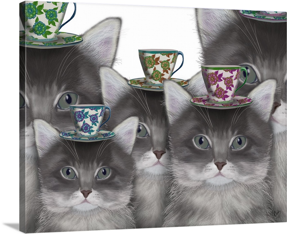 Several grey cats with teacups balancing on their heads.