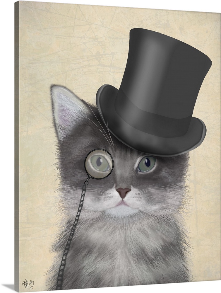 A cute gray cat wearing a monocle and top hat.
