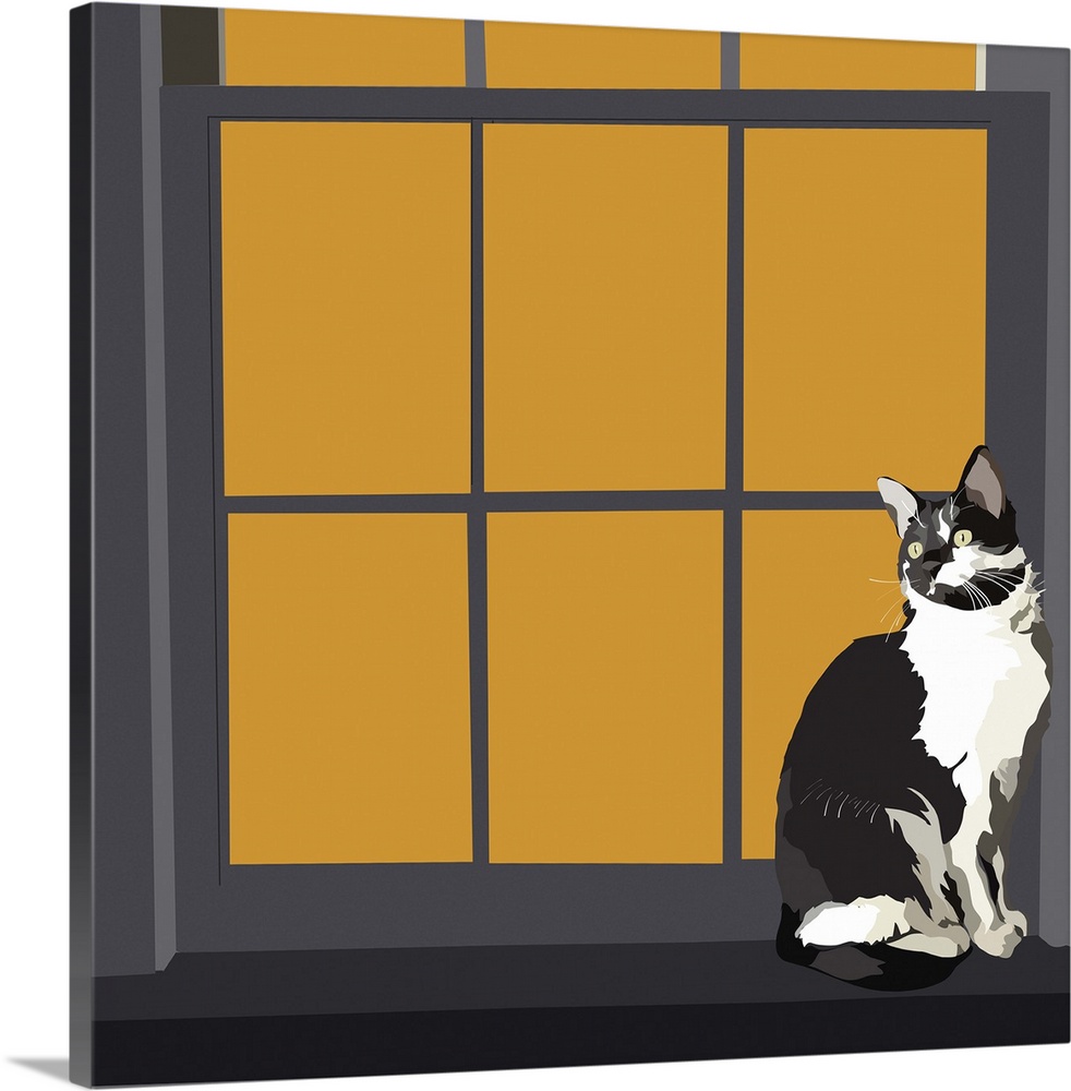 A black and white cat sitting on a window sill with orange window panes.