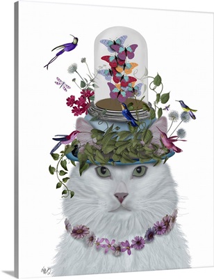 Cat, White with Butterfly bell jar