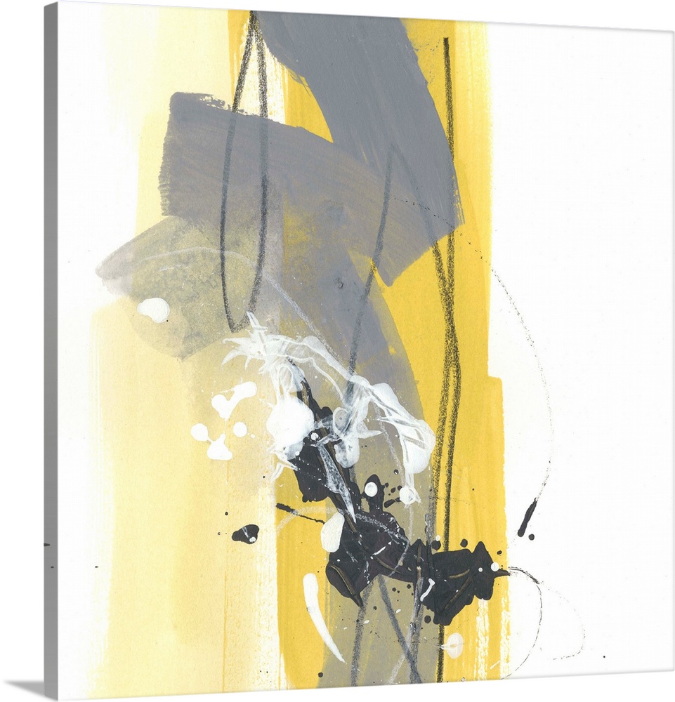 Contemporary abstract art in yellow and grey on white with thin black brushstrokes.