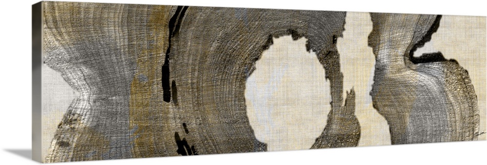 Abstract artwork in brown shades made from cross sections of tree trunks.