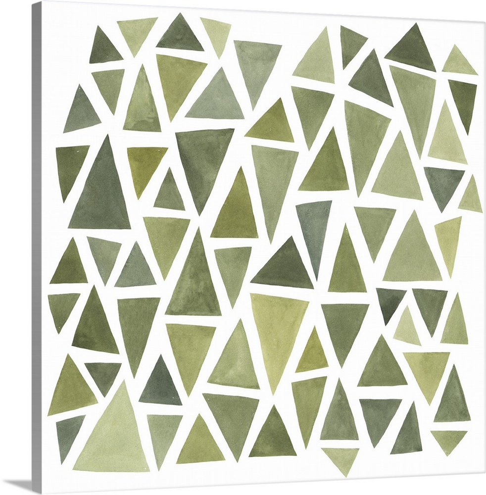 A square decorative image of different sized triangles in varies shades of green on a white background.