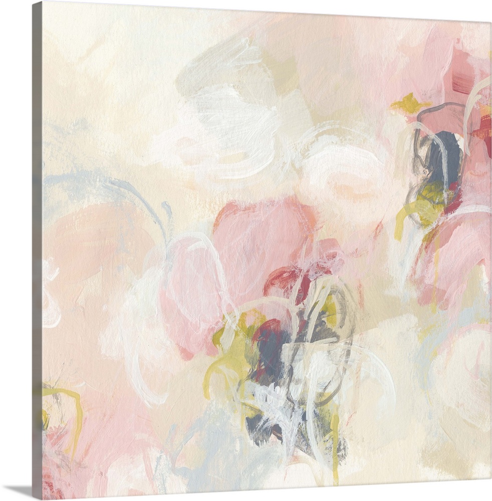 Contemporary abstract painting using a soft pastel pink with hints of darker pink scattered throughout image.