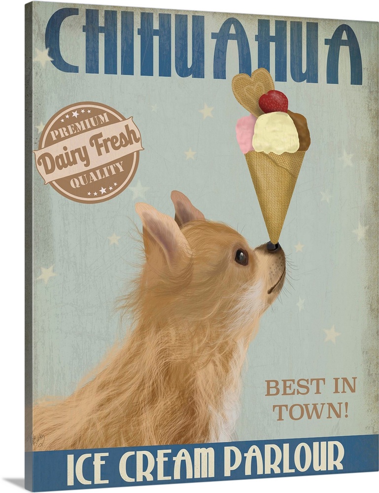 Decorative artwork of a Chihuahua balancing an ice cream cone on its nose in an advertisement for an ice cream parlour.