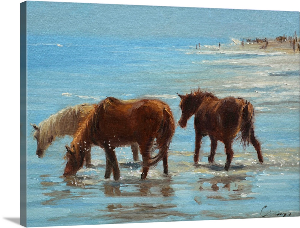 A painting of horses on a beach wading through shallow water.
