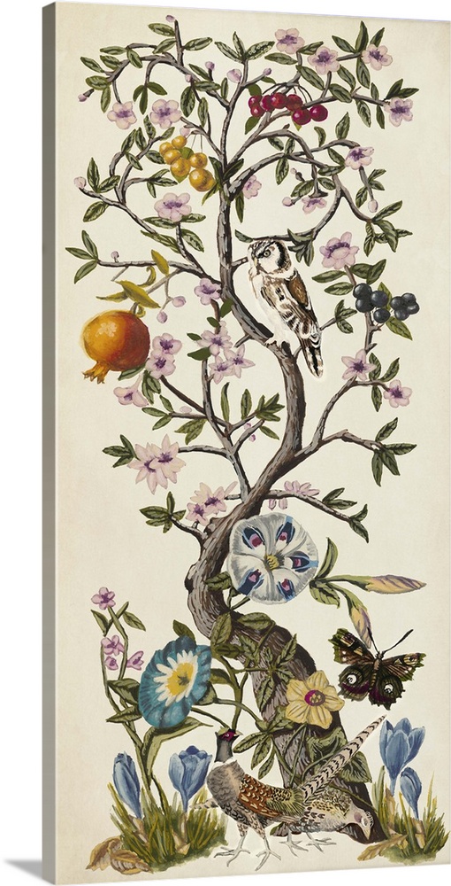 Vintage style artwork of a tree with flowering branches and butterflies.