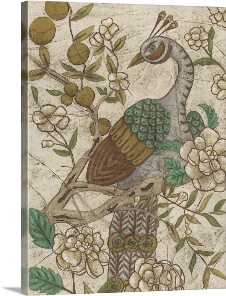 Decorative painting of a peacock pheasant in a tree.