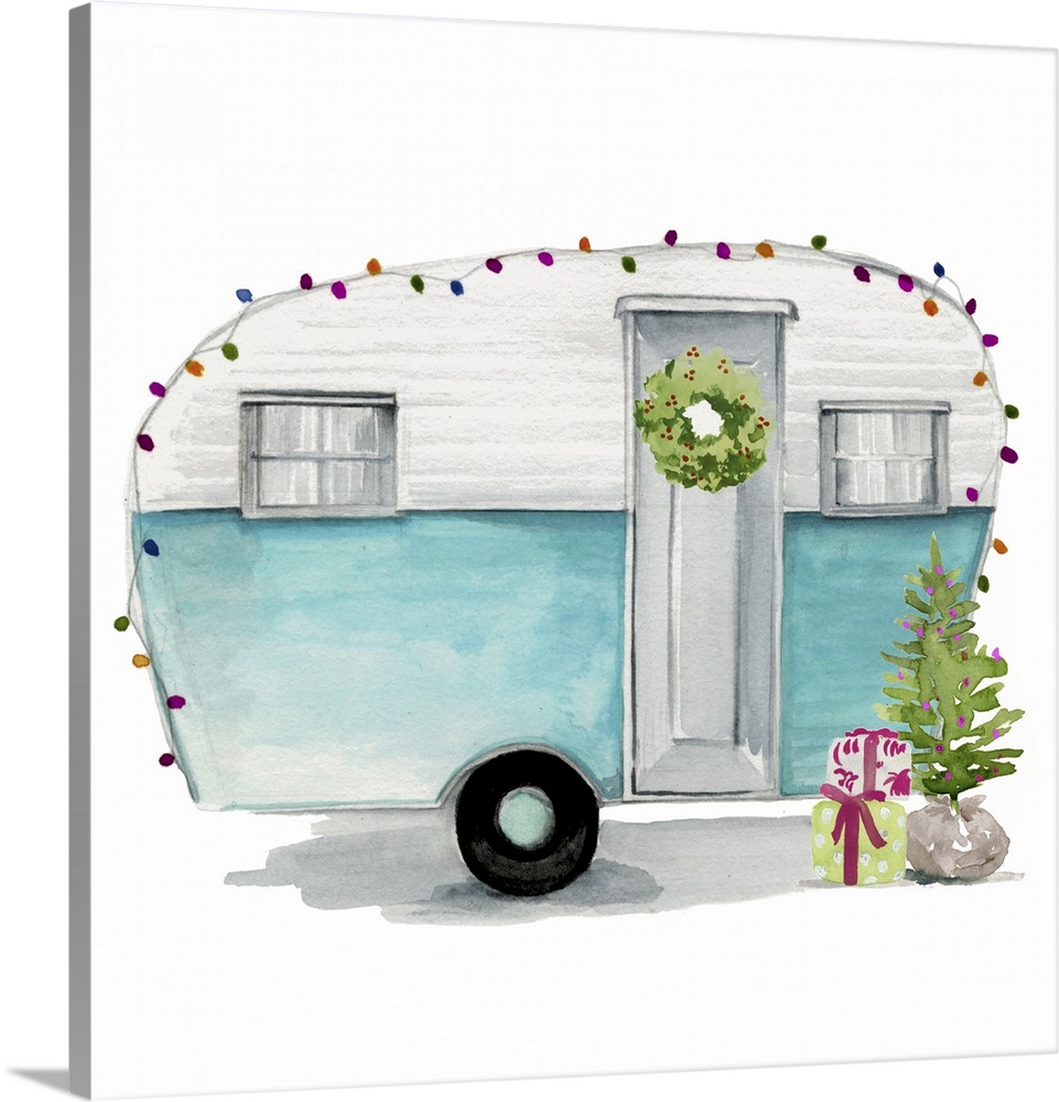 Square holiday image of a vintage teardrop trailer, decorated with multi-colored lights and a Christmas tree.