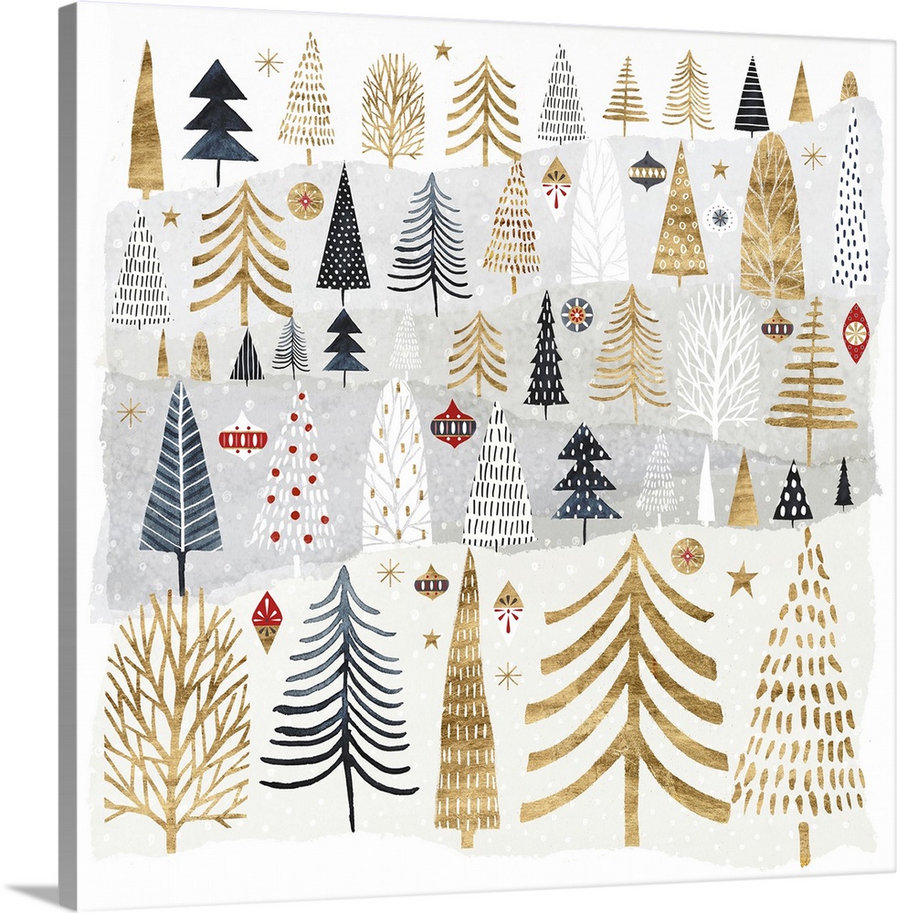 Ornaments and festively patterned trees in gold and shades of blue embellish a snowy landscape in this decorative holiday ...