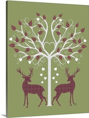 Christmas Des - Deer and Heart Tree, Pink On Green