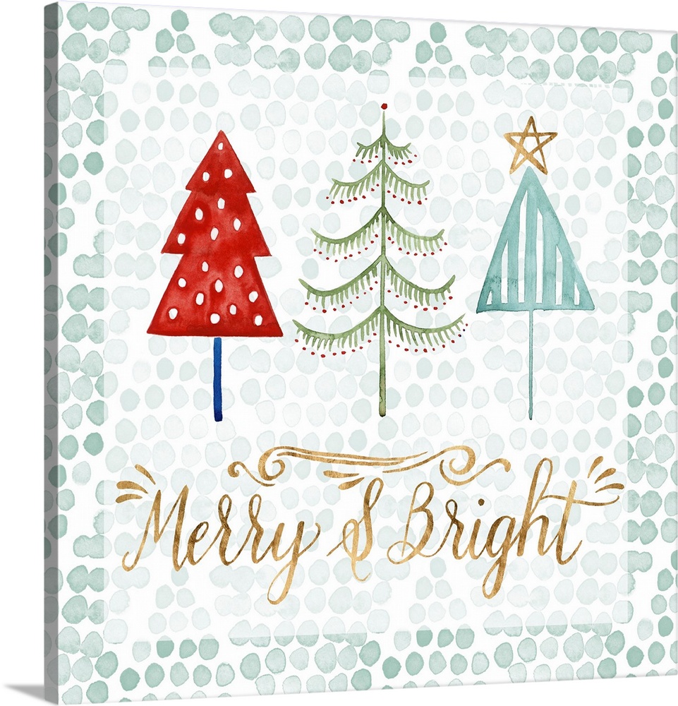 A trio of three colorful patterned Christmas trees with gold script.
