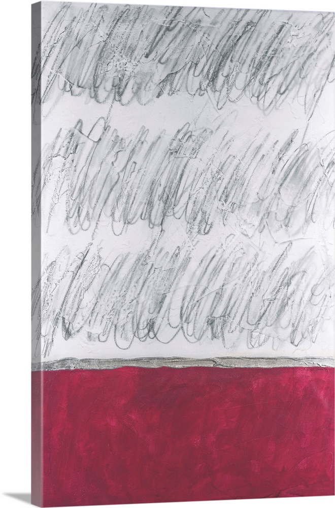 A vertical contemporary abstract image with charcoal scribbles above a solid red block