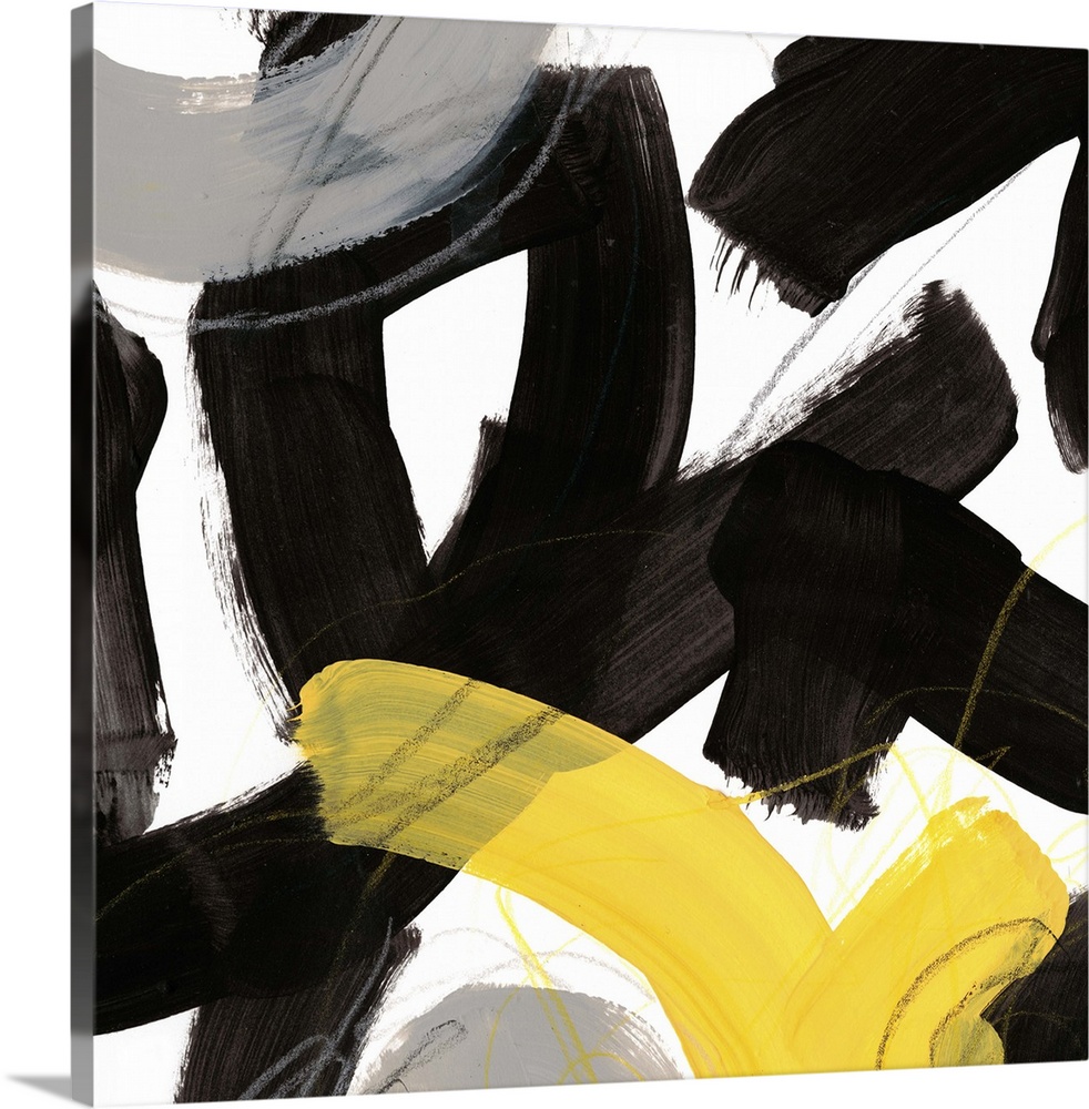 Contemporary abstract painting with bold black shapes with colorful streaks.