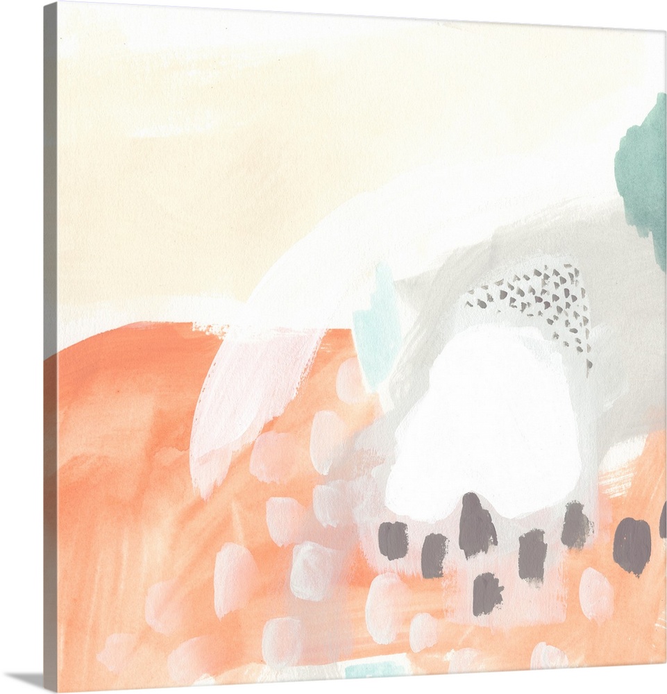 Abstract contemporary artwork in soft pastel tones of blue, tan, and coral, in circular and dotted patterns.
