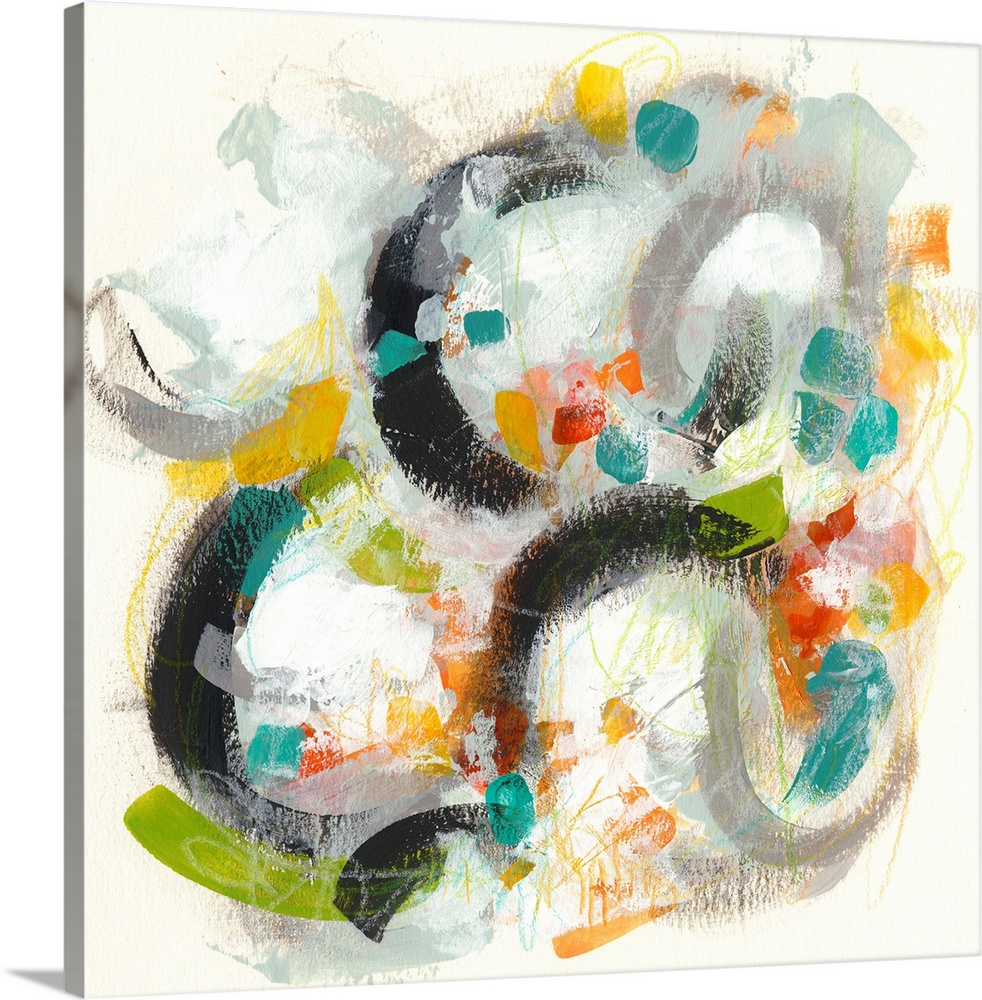 Contemporary abstract painting using vibrant colors and circular shapes.