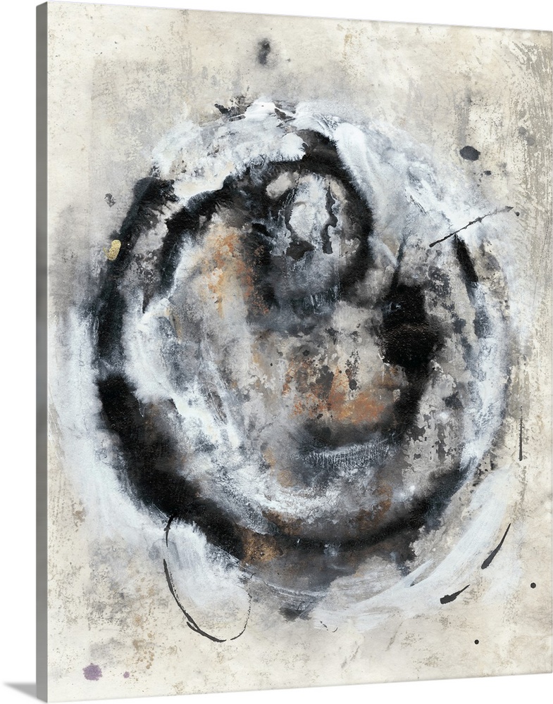 Brush strokes in shades of black, gray and rust pulsate in a circular pattern over a distressed background.