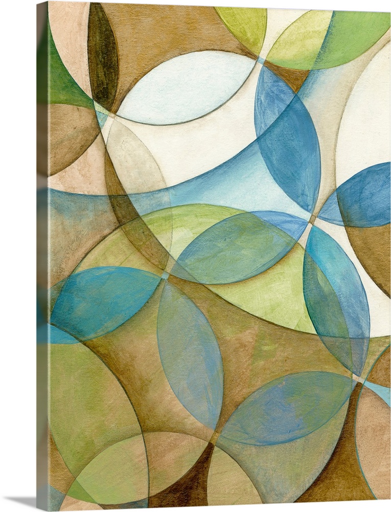 Abstract artwork that has various circles of different sizes laid over each other that creates a floral like design.