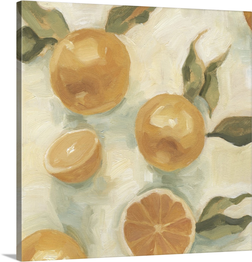 Contemporary artwork of sliced oranges created with thick brush strokes.