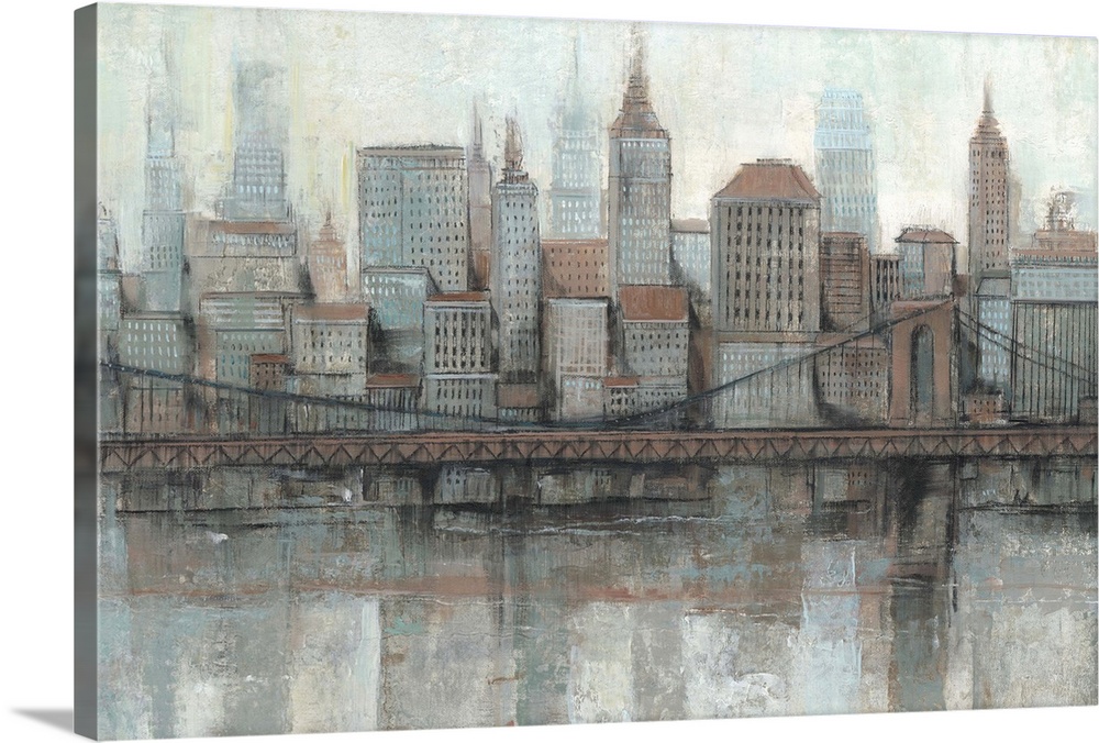 Contemporary painting of a city skyline in dark gray and red colors.