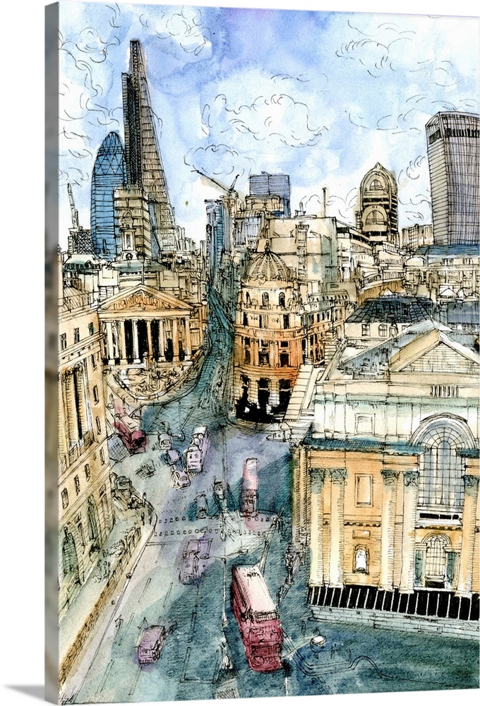 Watercolor illustration of a street scene in downtown London, England.