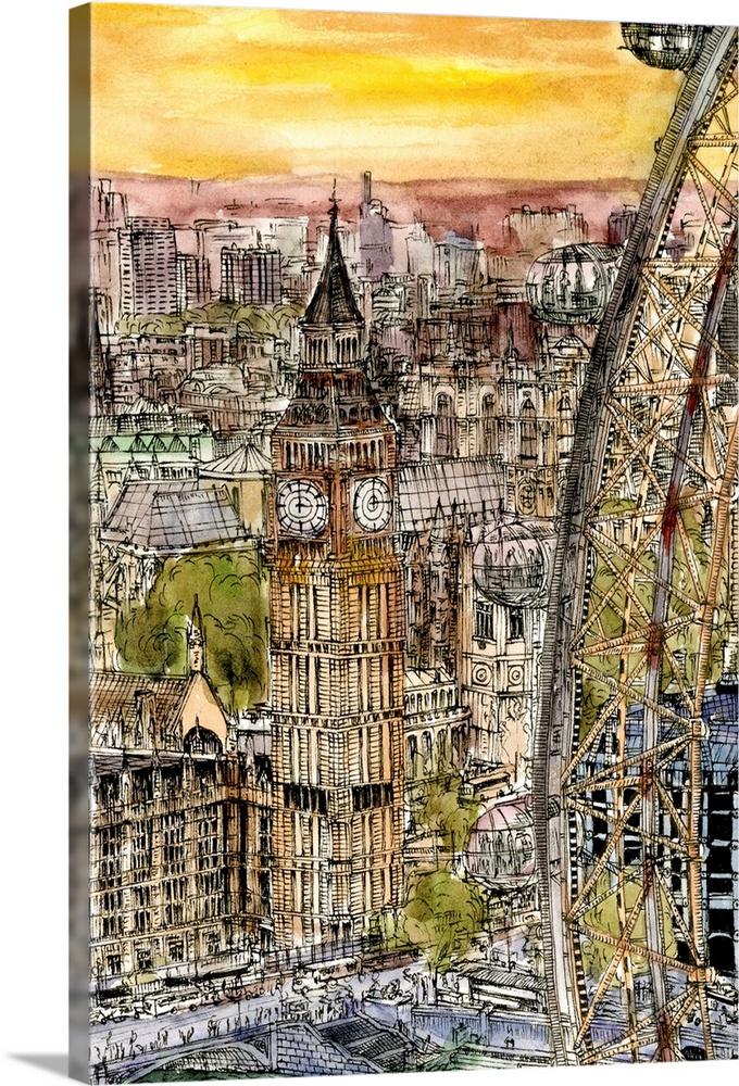 Illustrated cityscape of London at sunset with a view of Big Ben and the London Eye.
