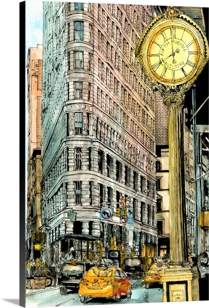 Illustrated cityscape of New York City with taxi cabs and a street clock.