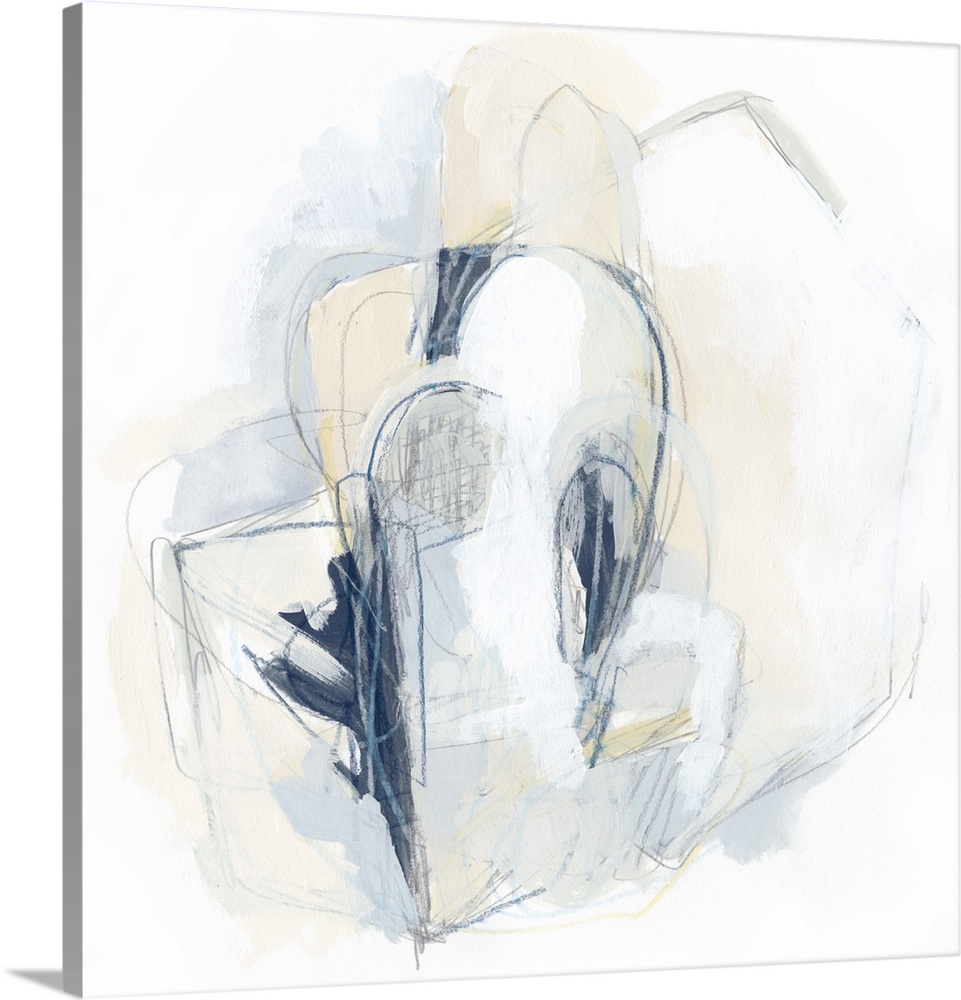 Square abstract painting in yellow, gray and white in overlapping circular shapes with fine scribble lines of gray and blue.