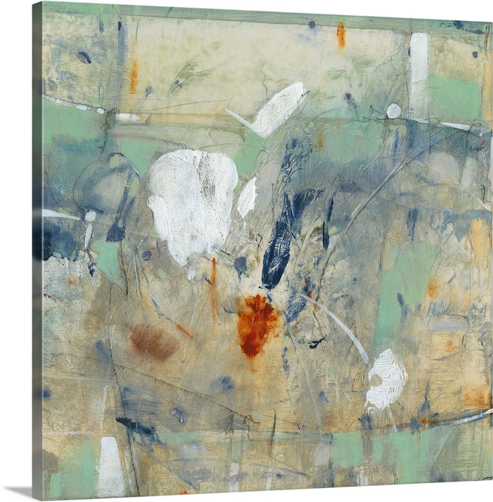Square abstract painting in muted earth tones of green, blue, orange and white with overlaying fine black lines.