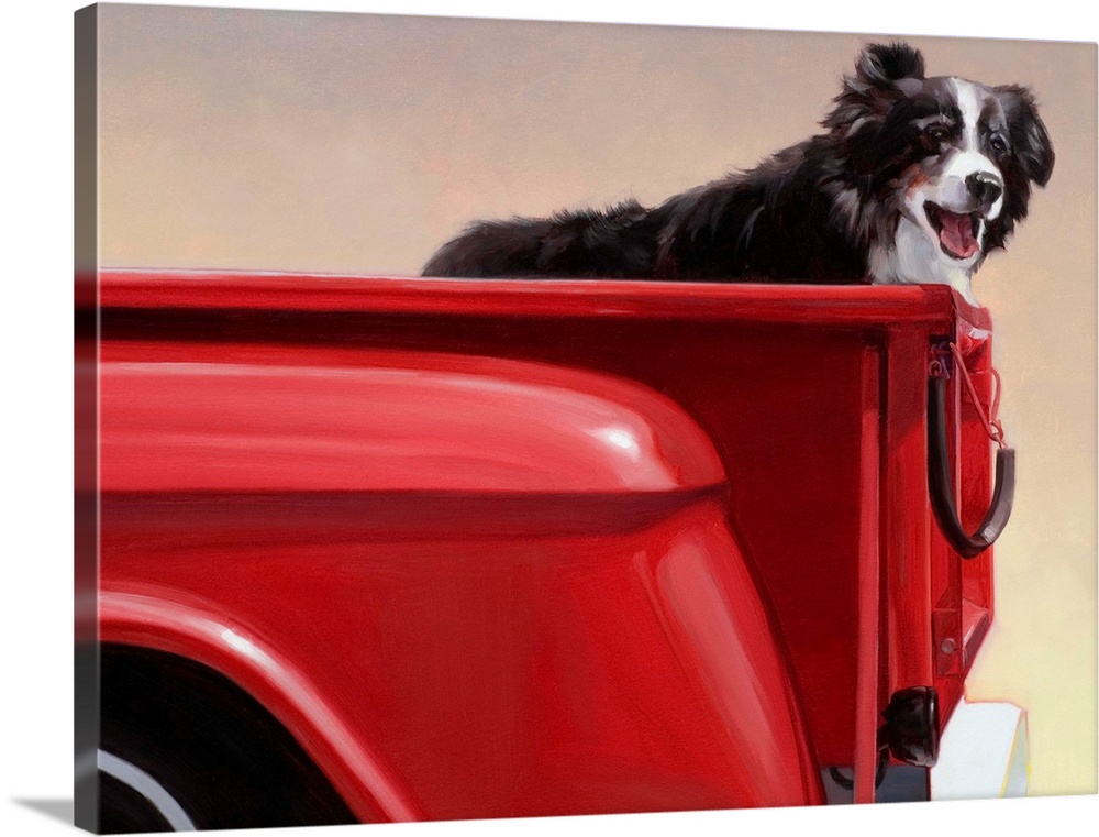 Painting on canvas of a dog standing in the back of an old truck bed.