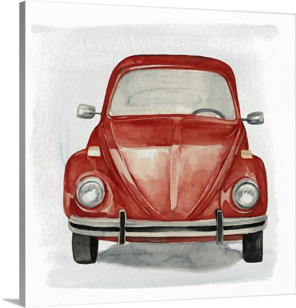 Decorative artwork of a classic red Volkswagen Beetle on gray and white backdrop.