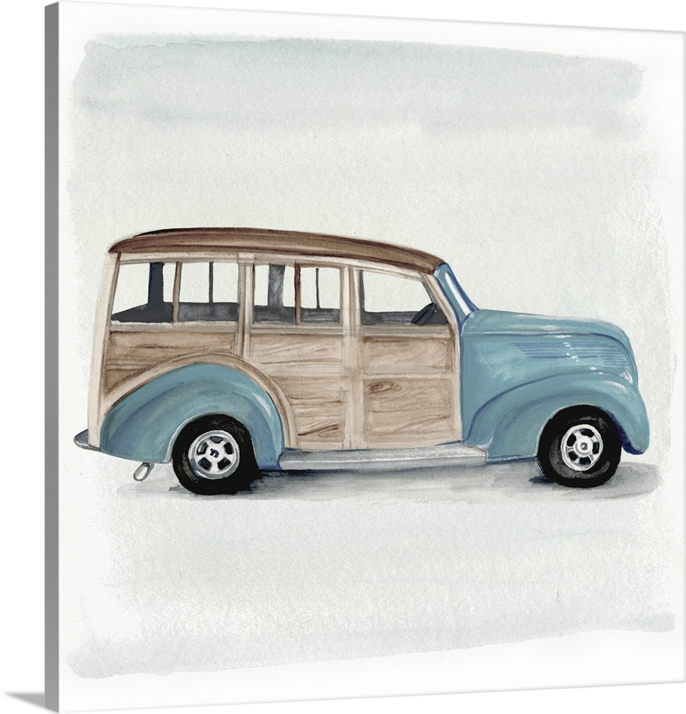 Decorative artwork of a classic blue woody station wagon on gray and white backdrop.