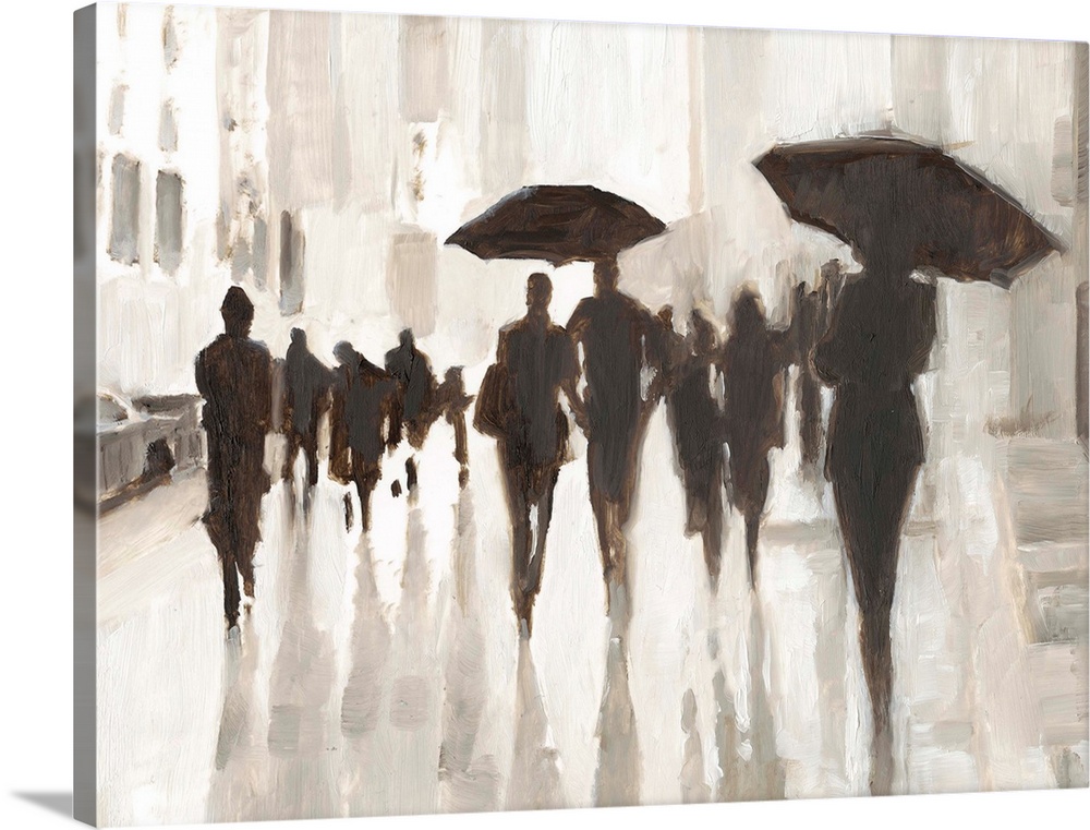 Abstracted city scene of figures walking in the rain.