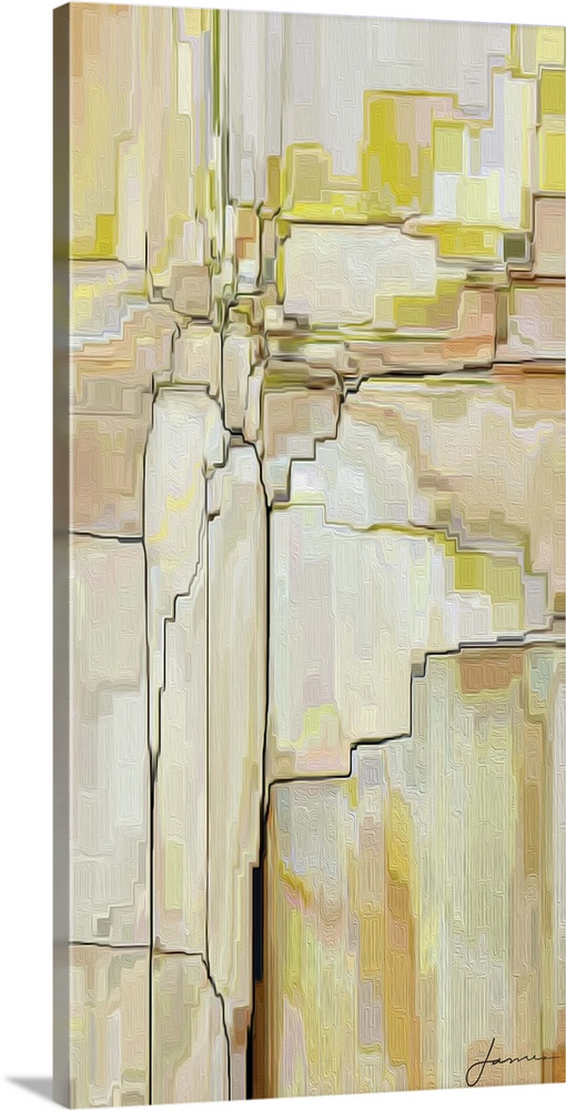 Contemporary abstract artwork using earth tones and jagged lines to create what looks like cliffs.