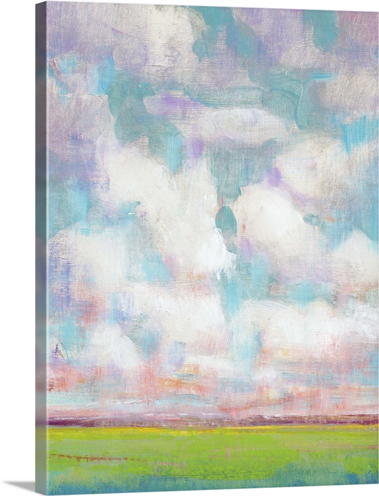 Contemporary landscape painting looking out onto a vibrant green field under a blanket of fluffy clouds.