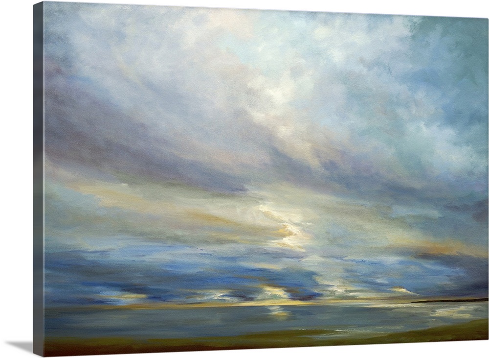 Contemporary seascape painting of sunlight shining though clouds over the ocean.