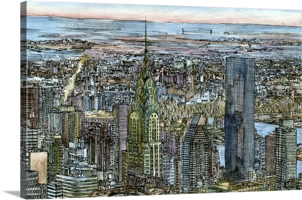 Contemporary drawing with filled in color of an aerial view of part of New York City with the Chrysler Building in the cen...