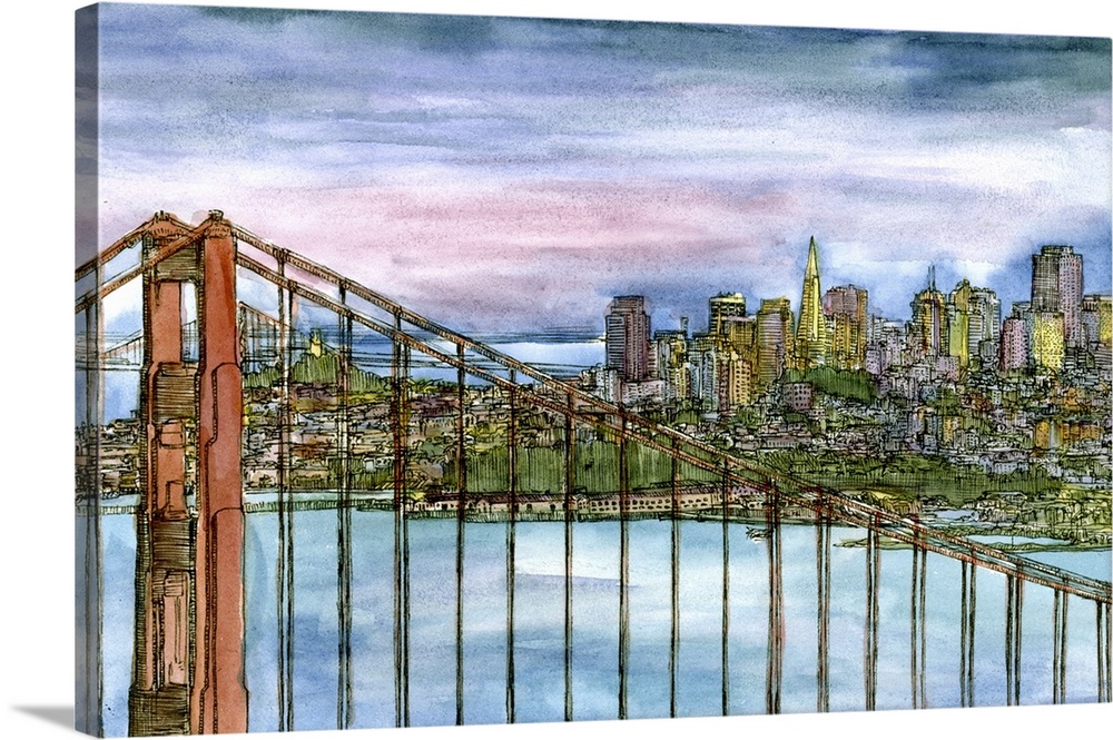Contemporary drawing with filled in color of part of the San Francisco skyline from the Golden Gate Bridge.