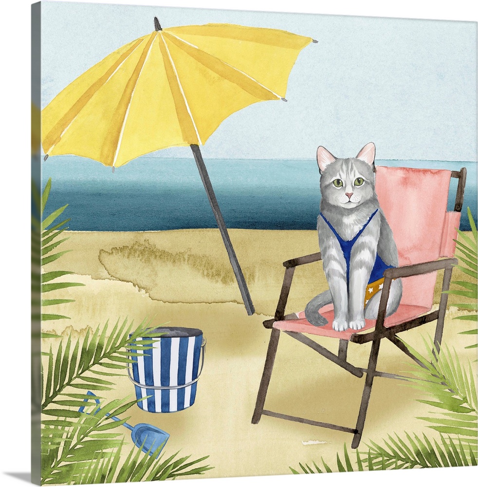Decorative square painting of a cat wearing a bathing suit sitting on the beach.