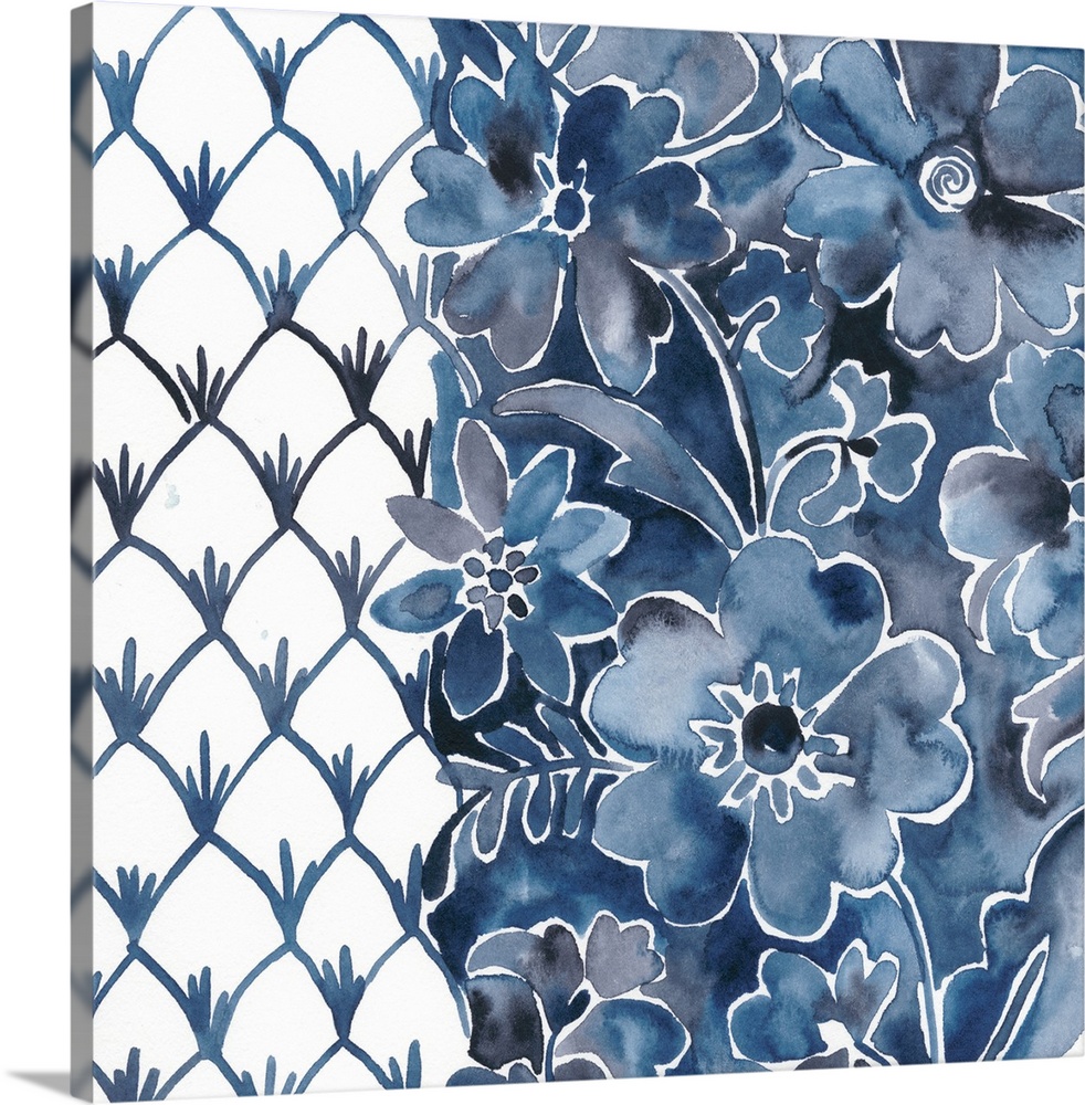 This contemporary watercolor artwork consists of blue flowers that tumble over a mottled blue background and is tethered b...